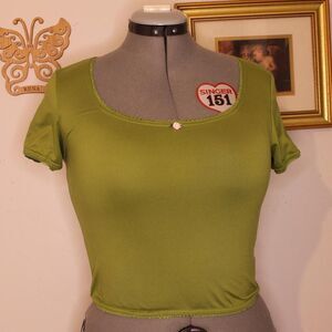 sage lace-trim square neck crop top